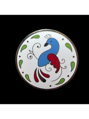 Vintage Enamel Bird Brooch Round Pin Multicolor Folk Art Style Blue Red Green